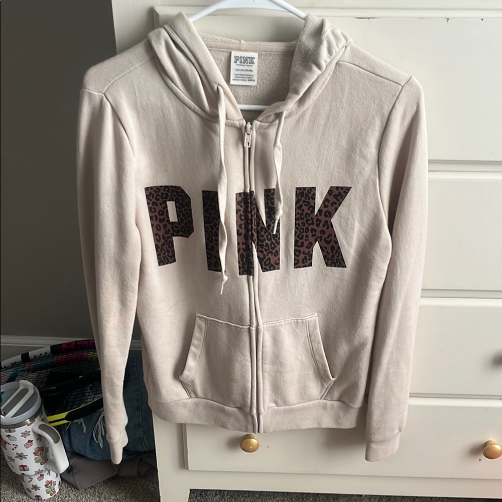 PINK Victoria's Secret Cream Hoodie with Leopard Print